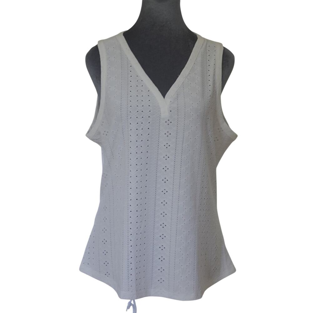 White Eyelet Henley Tank Top Women's XL Sleeveless Stretch V-Neck Summer Top